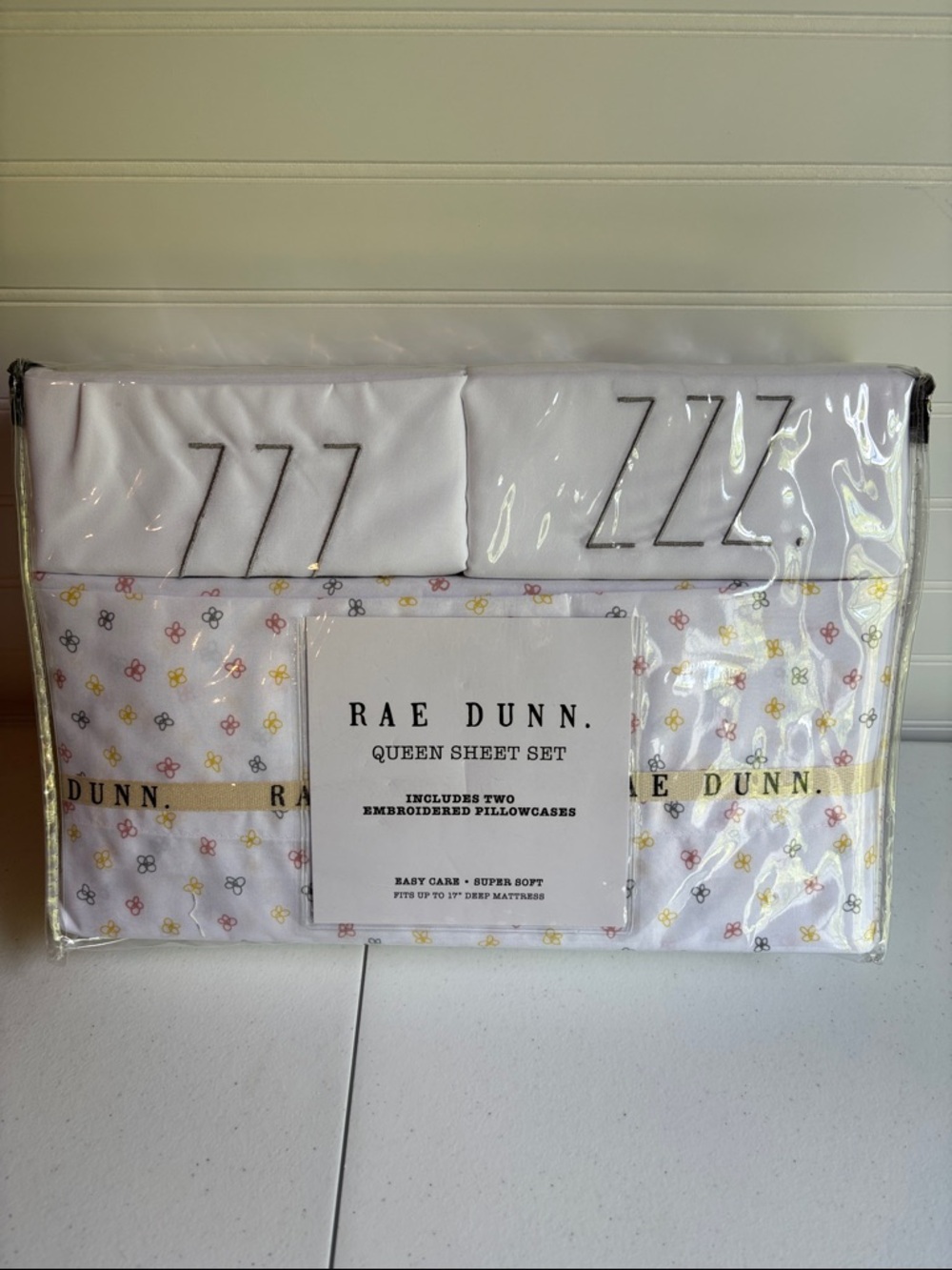 Rae Dunn White Queen Sheet Set with Pastel Floral Print